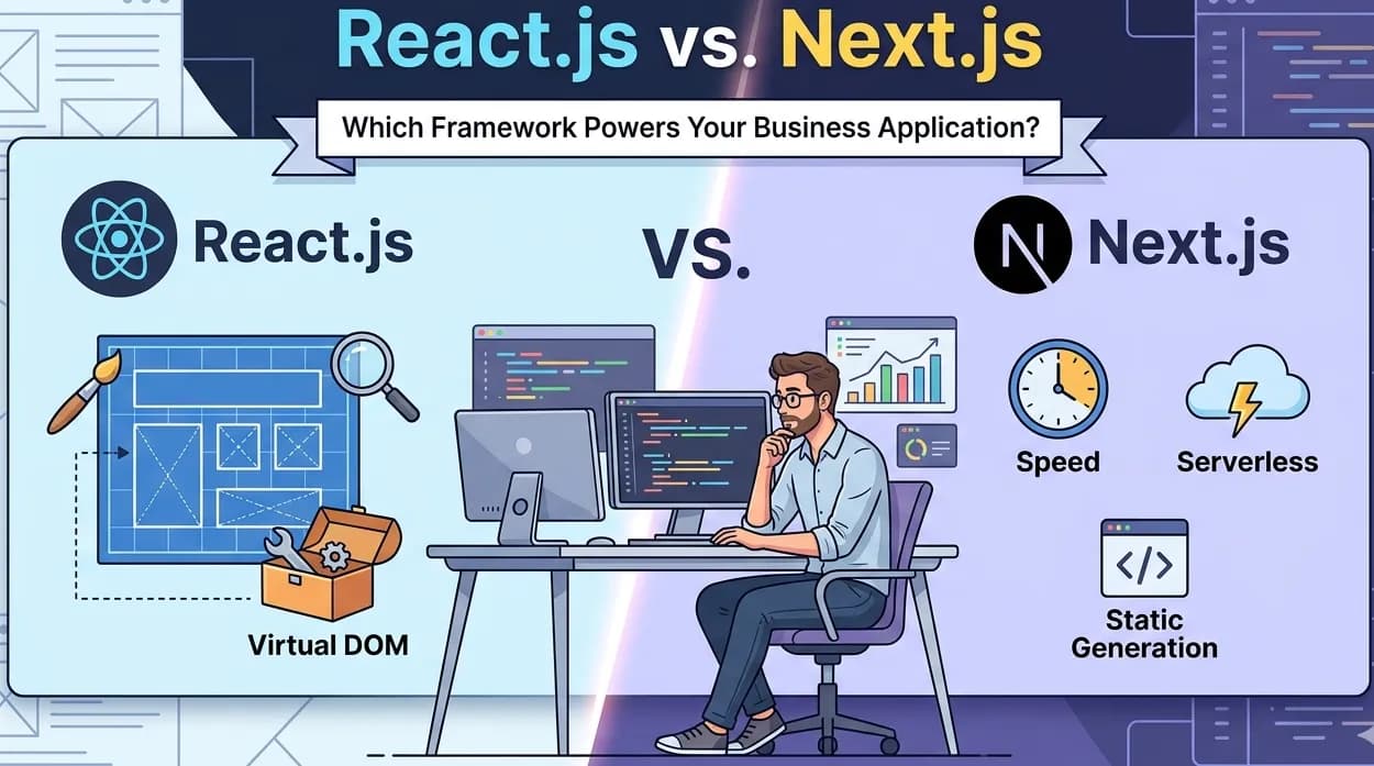 Comparison graphic showing React.js and Next.js logos with key features