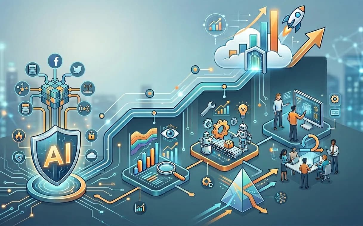 Business professionals collaborating around a futuristic digital interface showcasing AI integration and data analytics.