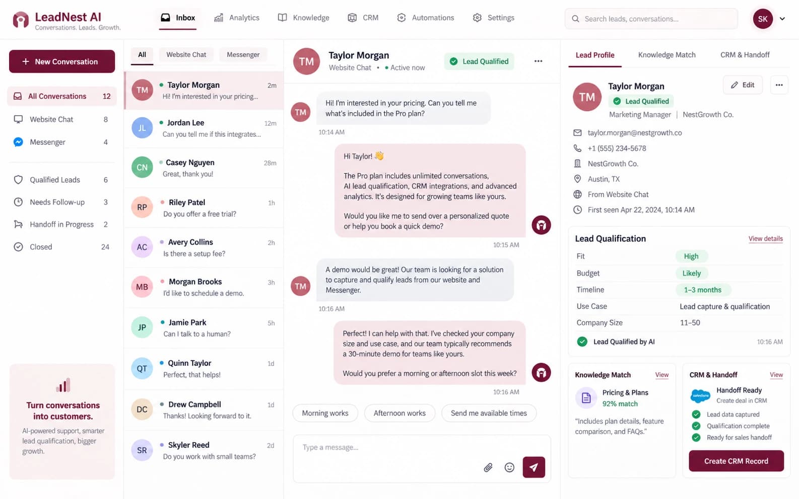 Conversational AI Lead Support Bot capability showcase by Elite Web Technologies