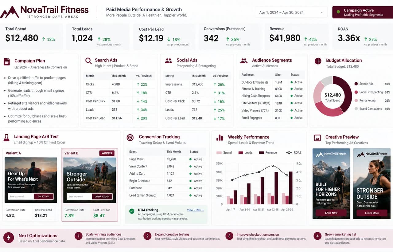 Paid media conversion system screenshot with campaign plan, search ads, social ads, tracking, and ROAS metrics