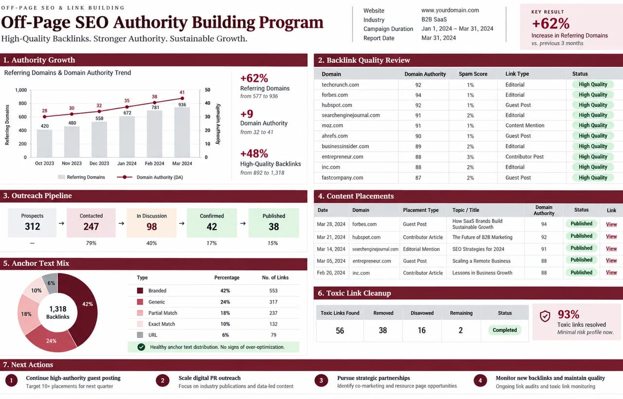 Off-page SEO authority report screenshot with backlink quality review and outreach pipeline